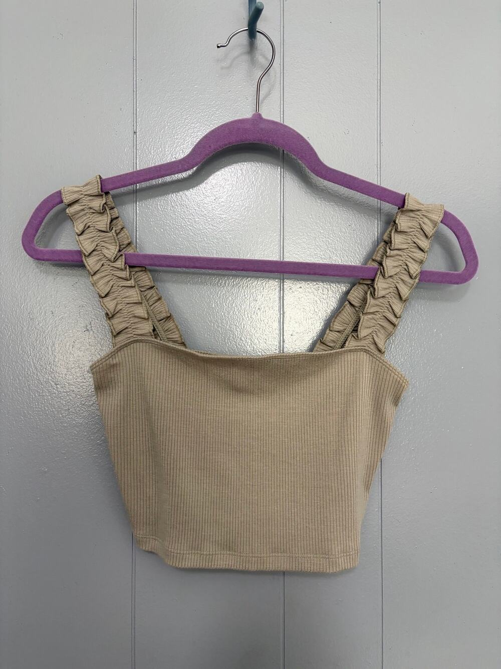Aritzia Sunday Best Sage Green Firecracker Ribbed Ruffle Cropped Tank Top S